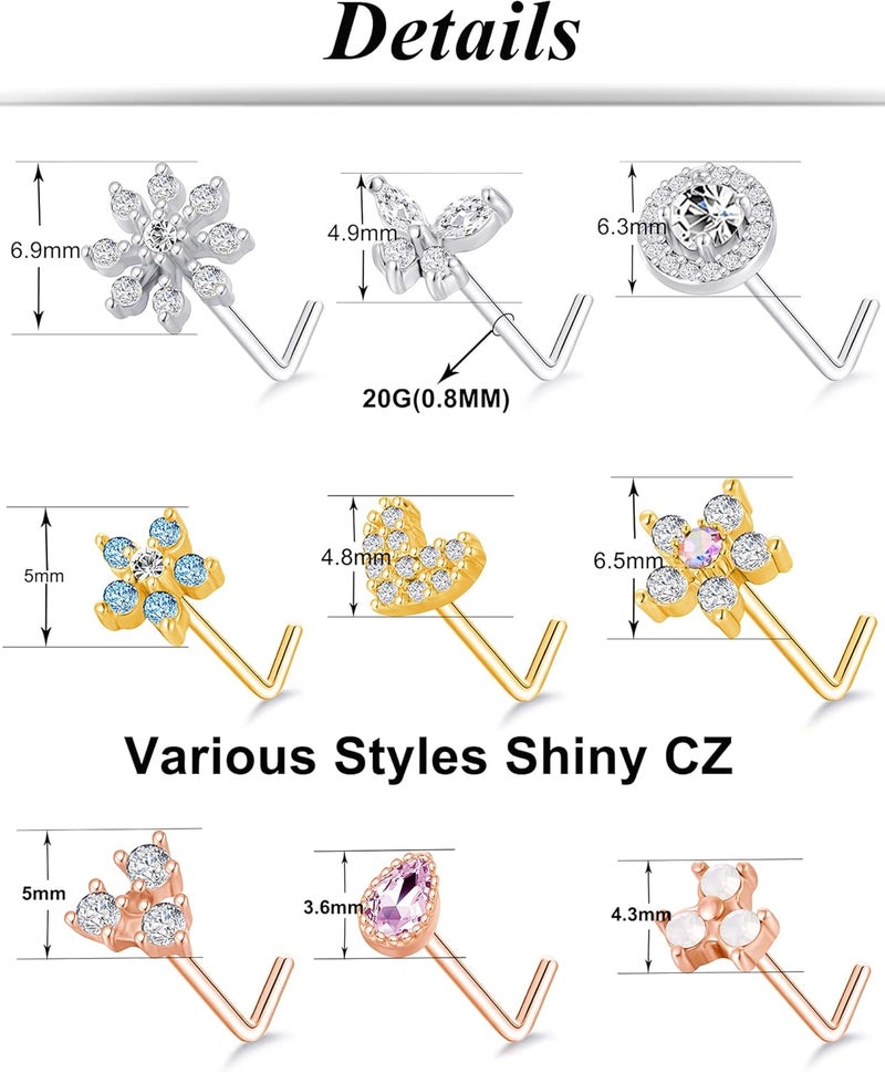 Tornito 9Pcs Nose Rings Stud L Bone Screw Shaped Nose Ring Flower CZ Snowflake Butterfly Screw Nose Stud Body Piercing Jewelry for Women Men 20G Silver Gold Rose Gold Tone - Image 4